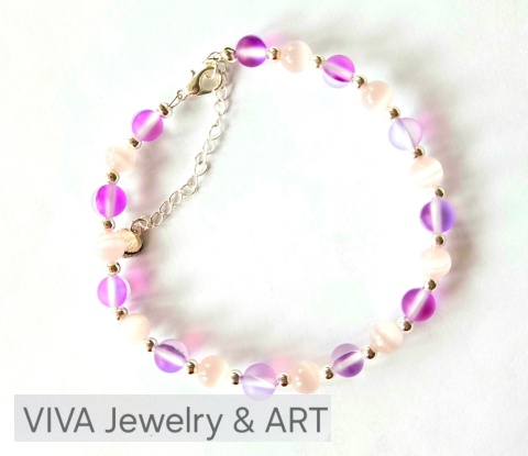 BRANSOLETKA ,,LAWENDOWY SZRON" Z KAMIENIA KOCIE OKO I KAMIENIA AUSTRIACKIEGO ZE SREBREM