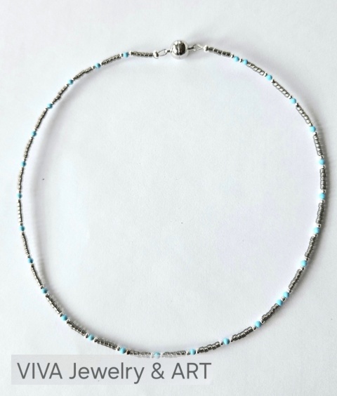 NASZYJNIK ,,ŚWIT W OCZACH" Z TURKUSU I SREBRA ZE SZKLANYMI PRZEKŁADKAMI